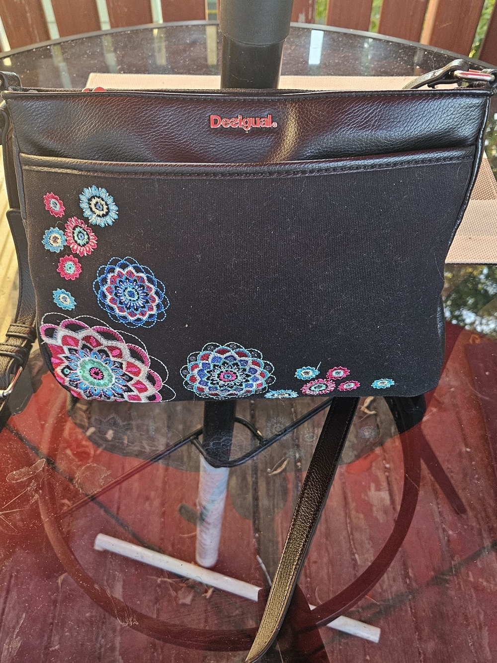Desigual Black Crossbody Bag with Colorful Floral Embroidery